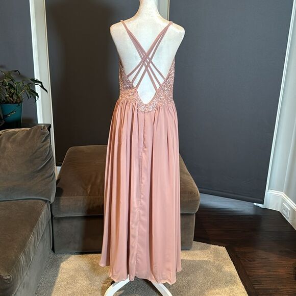 Women’s Pink Chiffon & Lace Appliqué Bridesmaid Dress Zip Up & Leg Slit Size 8 - Picture 4 of 12